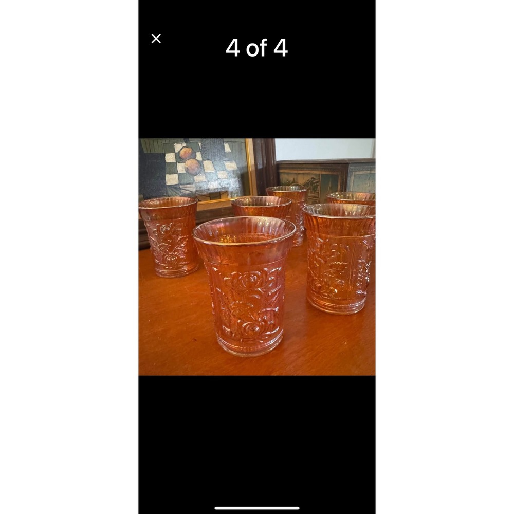 Vintage Amber Rose Carnival Glass Tumblers Set of 6 Floral Iridescent